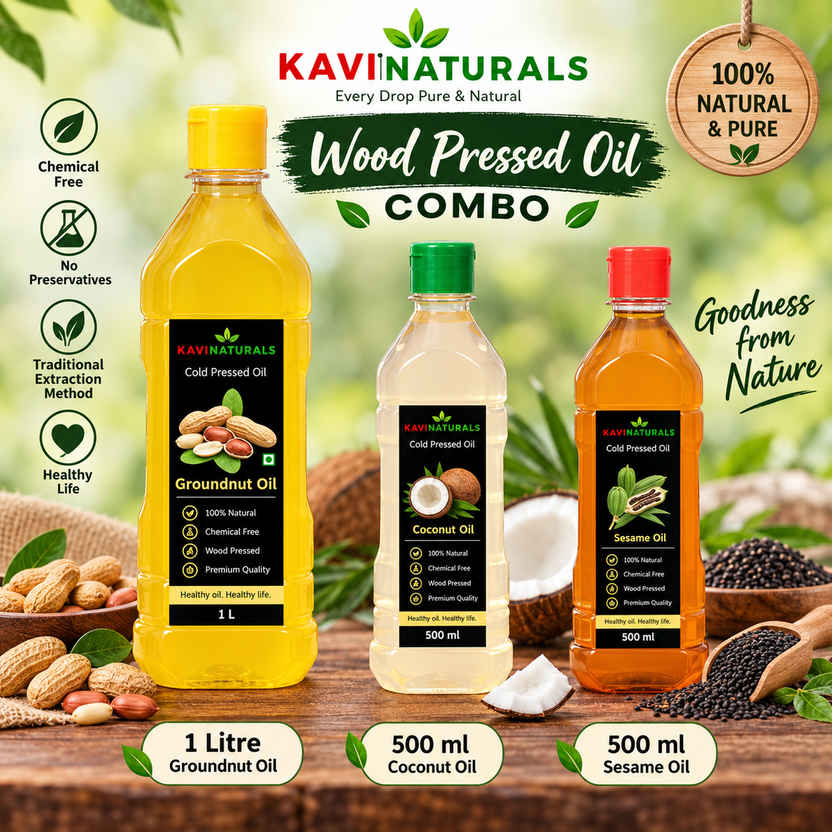 Kavi Naturals Wood pressed oil combo Groundnut oil 1L Coconut oil 500ml Sesame oil 500ml