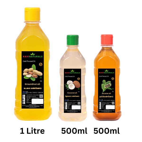 Kavi Naturals Wood pressed oil combo Groundnut oil 1L Coconut oil 500ml Sesame oil 500ml